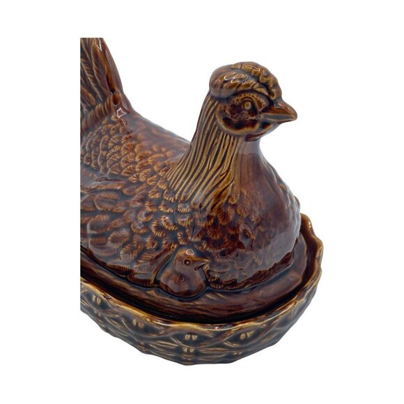 Vintage Portmeirion (?) Ceramic Hen on Nest w/2 Chicks Size 3-Medium MCM Brown - Picture 12 of 13